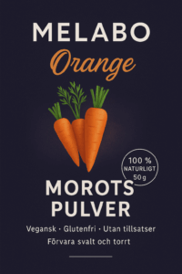 Förpackning av MELABO morotspulver med tydlig etikett och produktdesign