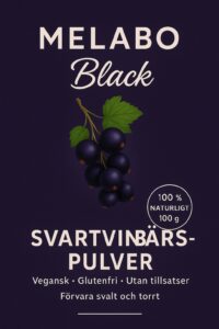 MELABO svartvinbärspulver, ETIKETT 