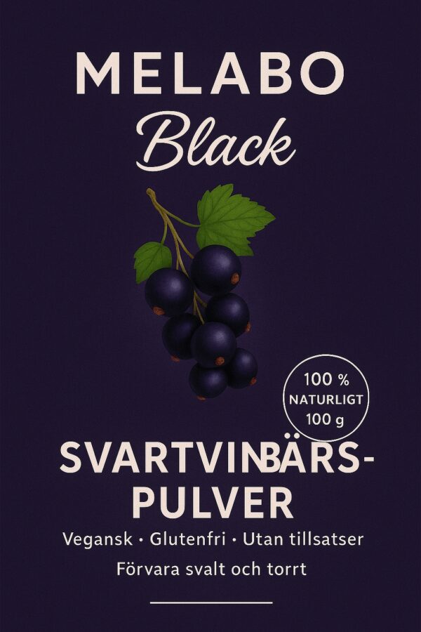 MELABO svartvinbärspulver, ETIKETT